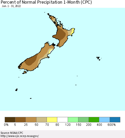 New Zealand Percent of Normal Precipitation 1-Month (CPC) Thematic Map For 1/1/2022 - 1/31/2022