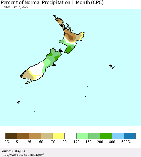 New Zealand Percent of Normal Precipitation 1-Month (CPC) Thematic Map For 1/6/2022 - 2/5/2022