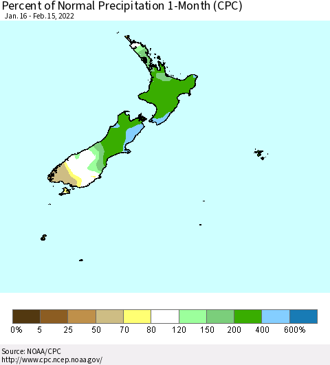 New Zealand Percent of Normal Precipitation 1-Month (CPC) Thematic Map For 1/16/2022 - 2/15/2022