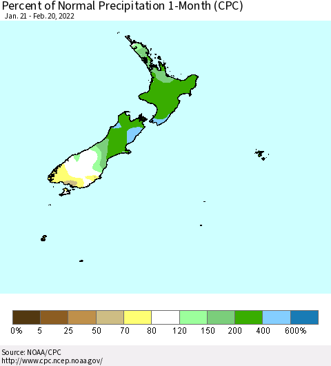 New Zealand Percent of Normal Precipitation 1-Month (CPC) Thematic Map For 1/21/2022 - 2/20/2022