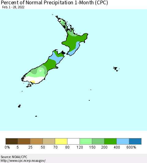 New Zealand Percent of Normal Precipitation 1-Month (CPC) Thematic Map For 2/1/2022 - 2/28/2022