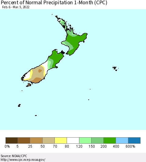 New Zealand Percent of Normal Precipitation 1-Month (CPC) Thematic Map For 2/6/2022 - 3/5/2022