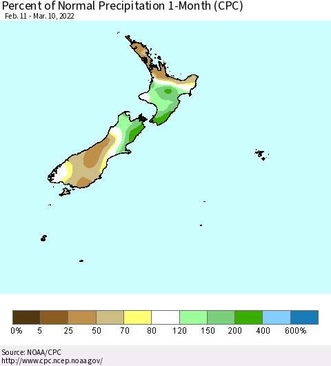 New Zealand Percent of Normal Precipitation 1-Month (CPC) Thematic Map For 2/11/2022 - 3/10/2022