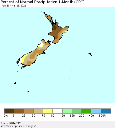 New Zealand Percent of Normal Precipitation 1-Month (CPC) Thematic Map For 2/16/2022 - 3/15/2022