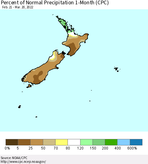 New Zealand Percent of Normal Precipitation 1-Month (CPC) Thematic Map For 2/21/2022 - 3/20/2022