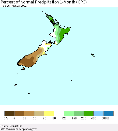New Zealand Percent of Normal Precipitation 1-Month (CPC) Thematic Map For 2/26/2022 - 3/25/2022