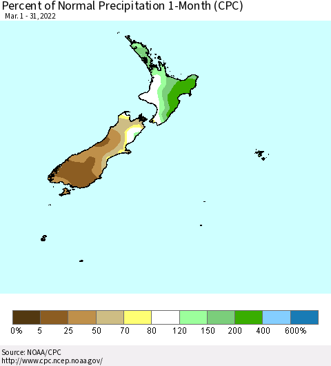 New Zealand Percent of Normal Precipitation 1-Month (CPC) Thematic Map For 3/1/2022 - 3/31/2022