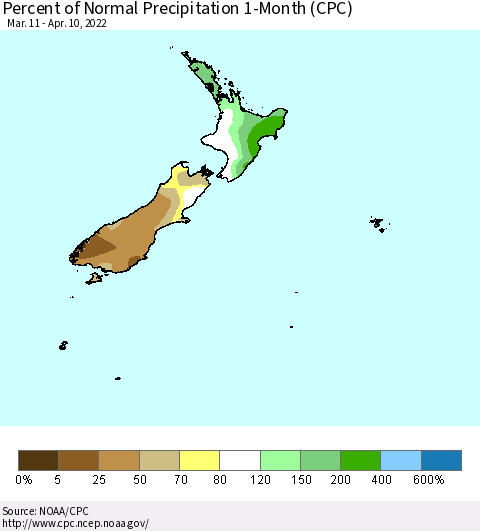New Zealand Percent of Normal Precipitation 1-Month (CPC) Thematic Map For 3/11/2022 - 4/10/2022