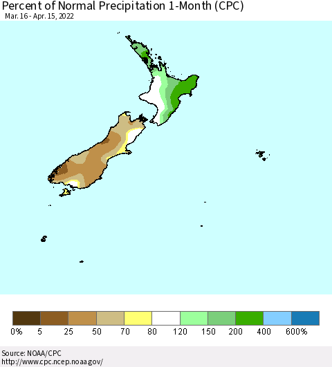New Zealand Percent of Normal Precipitation 1-Month (CPC) Thematic Map For 3/16/2022 - 4/15/2022