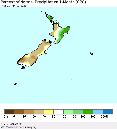 New Zealand Percent of Normal Precipitation 1-Month (CPC) Thematic Map For 3/21/2022 - 4/20/2022