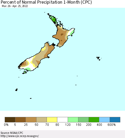 New Zealand Percent of Normal Precipitation 1-Month (CPC) Thematic Map For 3/26/2022 - 4/25/2022
