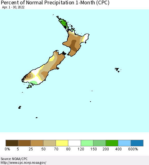 New Zealand Percent of Normal Precipitation 1-Month (CPC) Thematic Map For 4/1/2022 - 4/30/2022