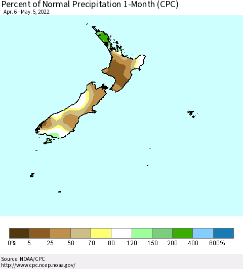 New Zealand Percent of Normal Precipitation 1-Month (CPC) Thematic Map For 4/6/2022 - 5/5/2022
