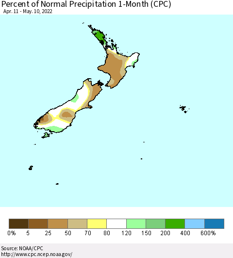 New Zealand Percent of Normal Precipitation 1-Month (CPC) Thematic Map For 4/11/2022 - 5/10/2022