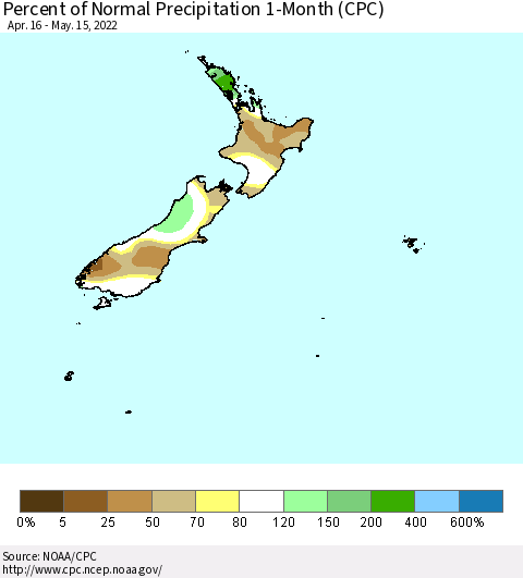 New Zealand Percent of Normal Precipitation 1-Month (CPC) Thematic Map For 4/16/2022 - 5/15/2022