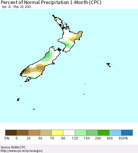 New Zealand Percent of Normal Precipitation 1-Month (CPC) Thematic Map For 4/21/2022 - 5/20/2022