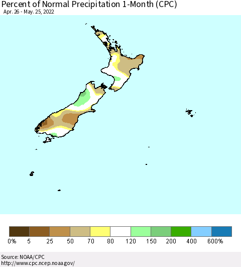 New Zealand Percent of Normal Precipitation 1-Month (CPC) Thematic Map For 4/26/2022 - 5/25/2022
