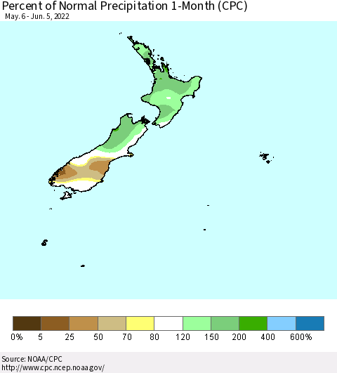 New Zealand Percent of Normal Precipitation 1-Month (CPC) Thematic Map For 5/6/2022 - 6/5/2022