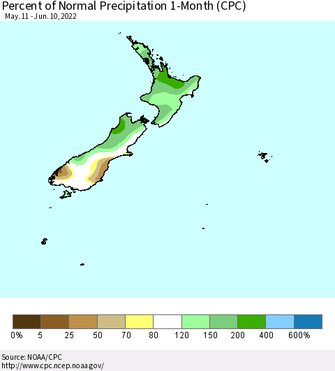 New Zealand Percent of Normal Precipitation 1-Month (CPC) Thematic Map For 5/11/2022 - 6/10/2022
