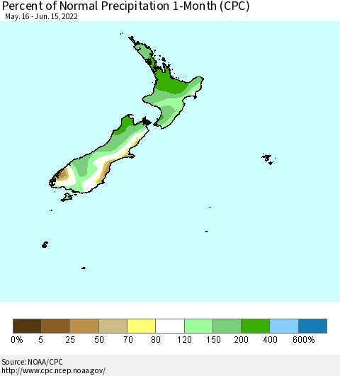 New Zealand Percent of Normal Precipitation 1-Month (CPC) Thematic Map For 5/16/2022 - 6/15/2022
