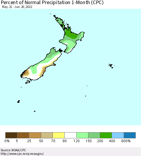 New Zealand Percent of Normal Precipitation 1-Month (CPC) Thematic Map For 5/21/2022 - 6/20/2022
