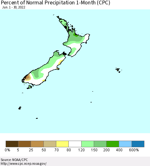 New Zealand Percent of Normal Precipitation 1-Month (CPC) Thematic Map For 6/1/2022 - 6/30/2022