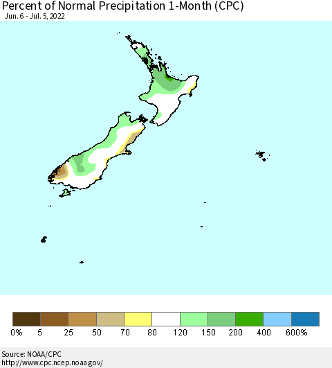 New Zealand Percent of Normal Precipitation 1-Month (CPC) Thematic Map For 6/6/2022 - 7/5/2022