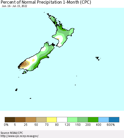 New Zealand Percent of Normal Precipitation 1-Month (CPC) Thematic Map For 6/16/2022 - 7/15/2022
