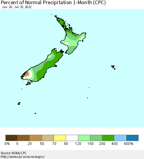 New Zealand Percent of Normal Precipitation 1-Month (CPC) Thematic Map For 6/26/2022 - 7/25/2022