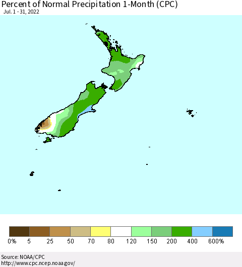 New Zealand Percent of Normal Precipitation 1-Month (CPC) Thematic Map For 7/1/2022 - 7/31/2022