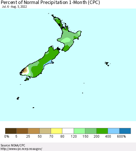 New Zealand Percent of Normal Precipitation 1-Month (CPC) Thematic Map For 7/6/2022 - 8/5/2022