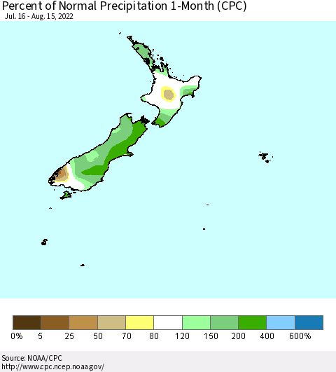 New Zealand Percent of Normal Precipitation 1-Month (CPC) Thematic Map For 7/16/2022 - 8/15/2022