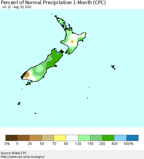 New Zealand Percent of Normal Precipitation 1-Month (CPC) Thematic Map For 7/21/2022 - 8/20/2022