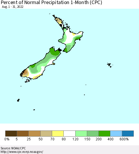 New Zealand Percent of Normal Precipitation 1-Month (CPC) Thematic Map For 8/1/2022 - 8/31/2022
