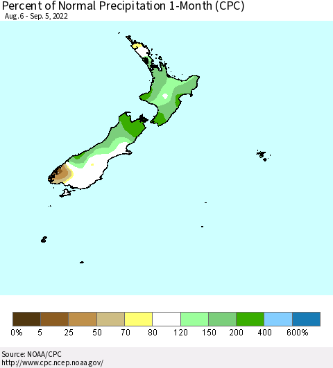 New Zealand Percent of Normal Precipitation 1-Month (CPC) Thematic Map For 8/6/2022 - 9/5/2022