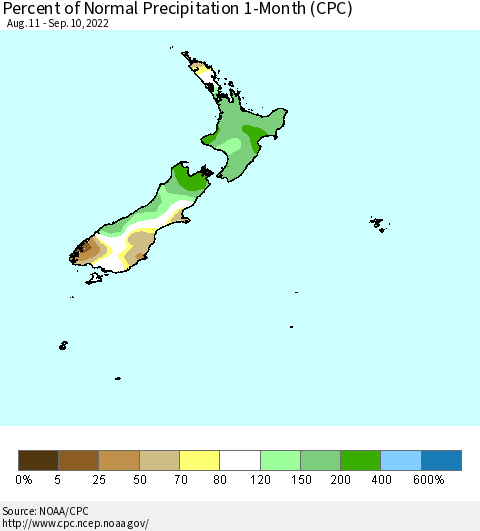 New Zealand Percent of Normal Precipitation 1-Month (CPC) Thematic Map For 8/11/2022 - 9/10/2022