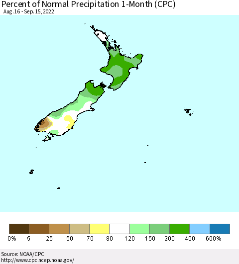 New Zealand Percent of Normal Precipitation 1-Month (CPC) Thematic Map For 8/16/2022 - 9/15/2022