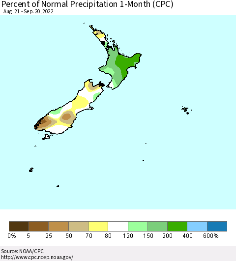 New Zealand Percent of Normal Precipitation 1-Month (CPC) Thematic Map For 8/21/2022 - 9/20/2022