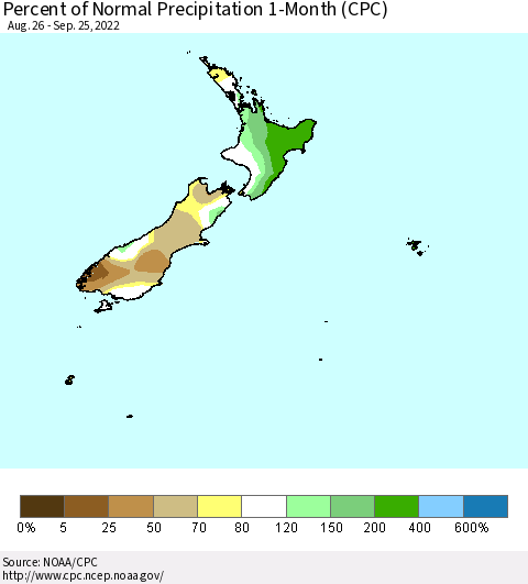 New Zealand Percent of Normal Precipitation 1-Month (CPC) Thematic Map For 8/26/2022 - 9/25/2022