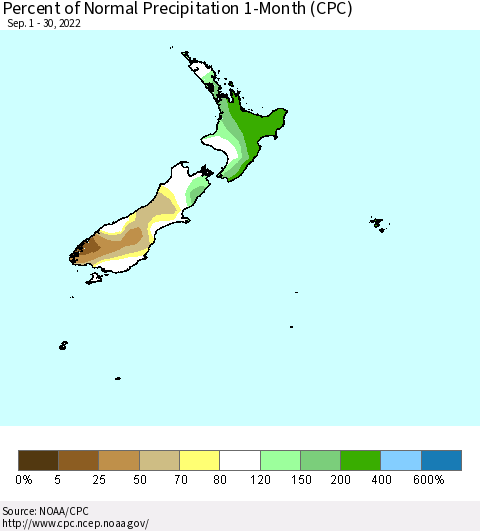 New Zealand Percent of Normal Precipitation 1-Month (CPC) Thematic Map For 9/1/2022 - 9/30/2022