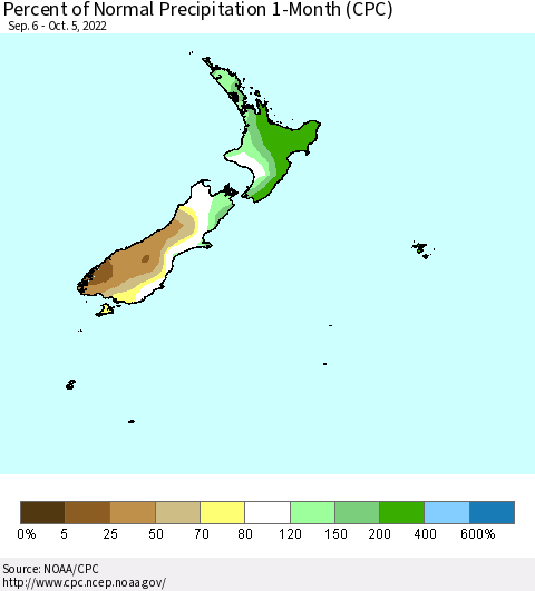 New Zealand Percent of Normal Precipitation 1-Month (CPC) Thematic Map For 9/6/2022 - 10/5/2022