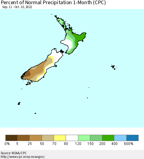 New Zealand Percent of Normal Precipitation 1-Month (CPC) Thematic Map For 9/11/2022 - 10/10/2022