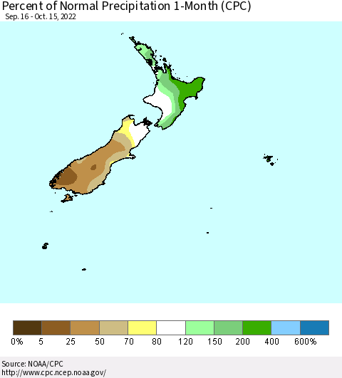 New Zealand Percent of Normal Precipitation 1-Month (CPC) Thematic Map For 9/16/2022 - 10/15/2022
