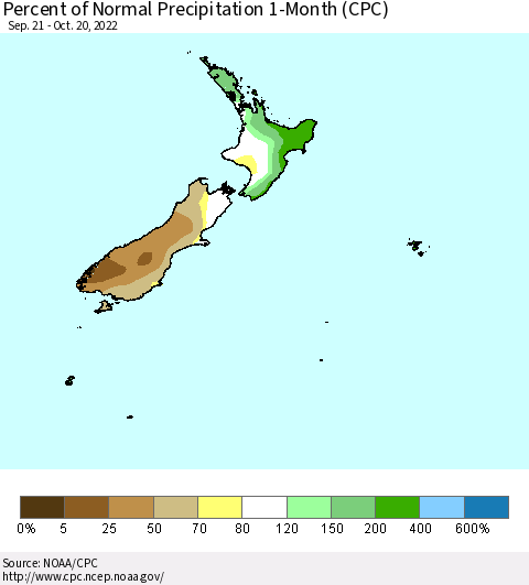New Zealand Percent of Normal Precipitation 1-Month (CPC) Thematic Map For 9/21/2022 - 10/20/2022