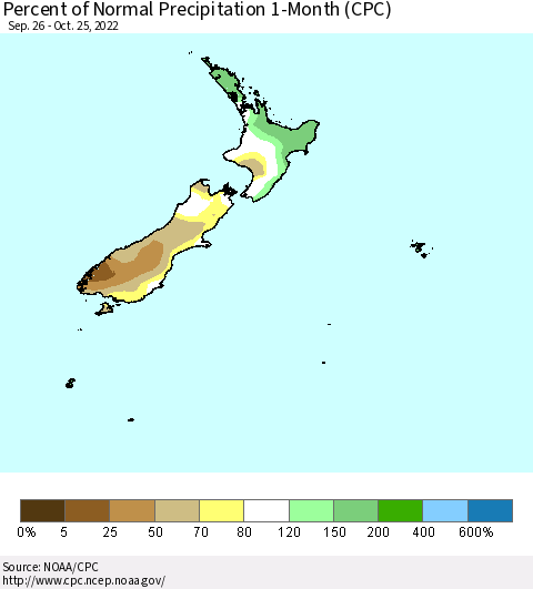 New Zealand Percent of Normal Precipitation 1-Month (CPC) Thematic Map For 9/26/2022 - 10/25/2022