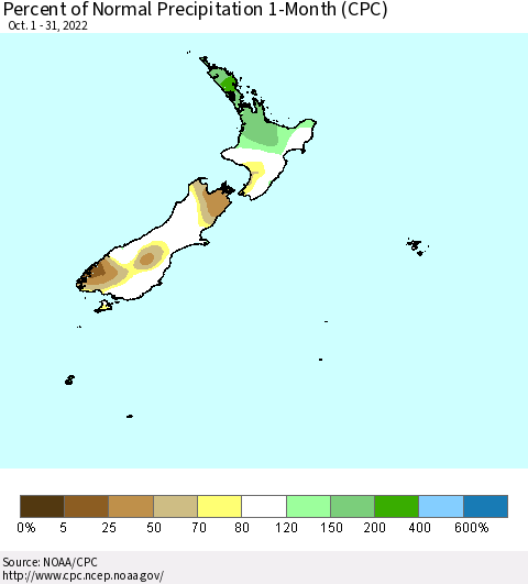 New Zealand Percent of Normal Precipitation 1-Month (CPC) Thematic Map For 10/1/2022 - 10/31/2022