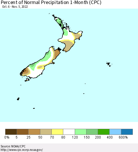 New Zealand Percent of Normal Precipitation 1-Month (CPC) Thematic Map For 10/6/2022 - 11/5/2022