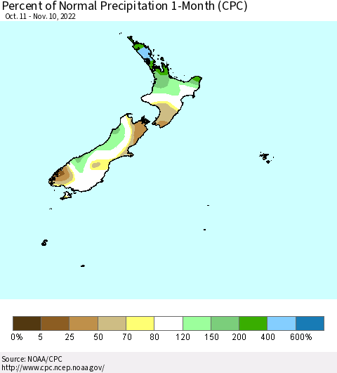 New Zealand Percent of Normal Precipitation 1-Month (CPC) Thematic Map For 10/11/2022 - 11/10/2022