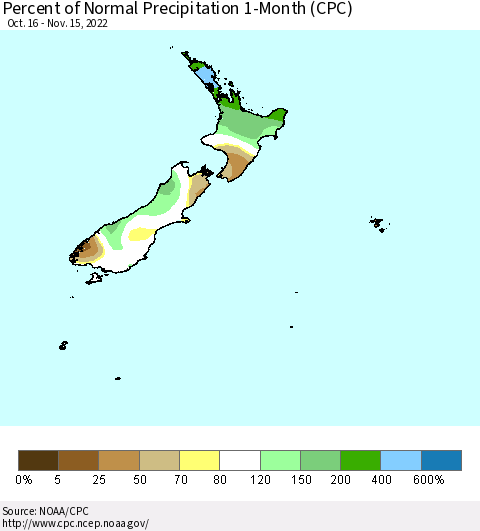 New Zealand Percent of Normal Precipitation 1-Month (CPC) Thematic Map For 10/16/2022 - 11/15/2022