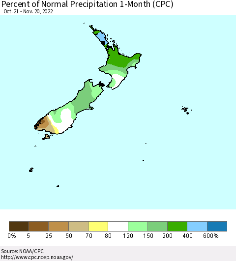 New Zealand Percent of Normal Precipitation 1-Month (CPC) Thematic Map For 10/21/2022 - 11/20/2022